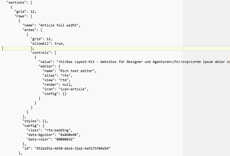 Ausschnitt JSON Code Umbraco Grid