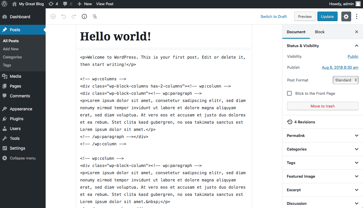 Wordpress Gutenberg Codeansicht
