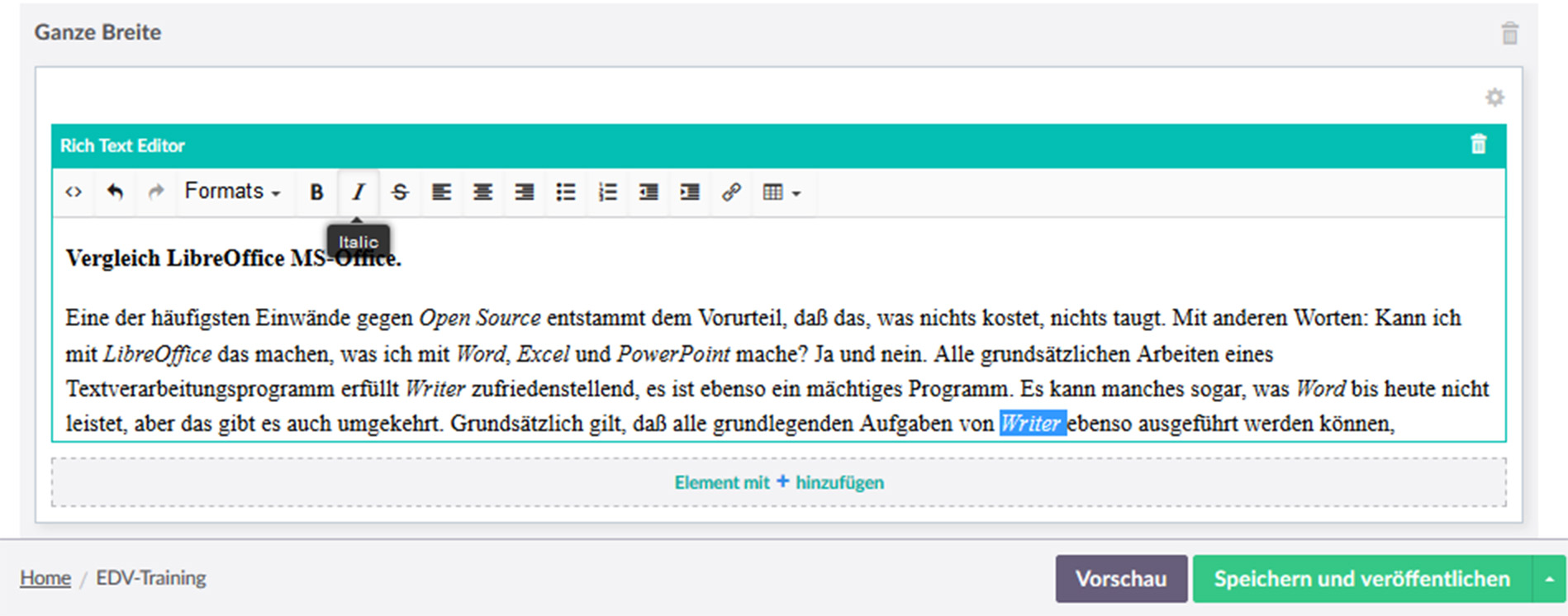 Arbeiten im Rich Text Editor