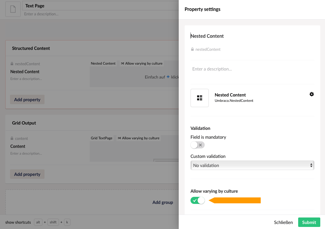 Umbraco 8: Variieren der Sprache bei Properties