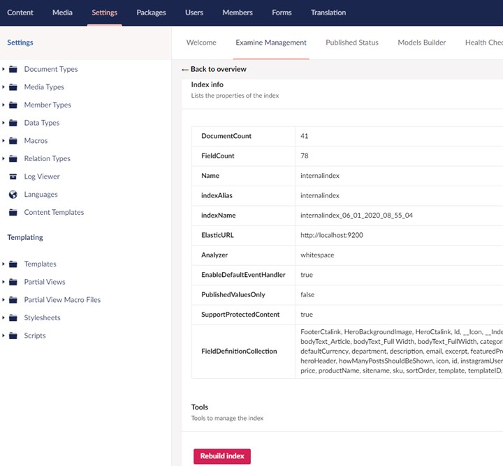 Umbraco BackOffice Examine Einstellungen Umbraco BackOffice Examine Einstellungen